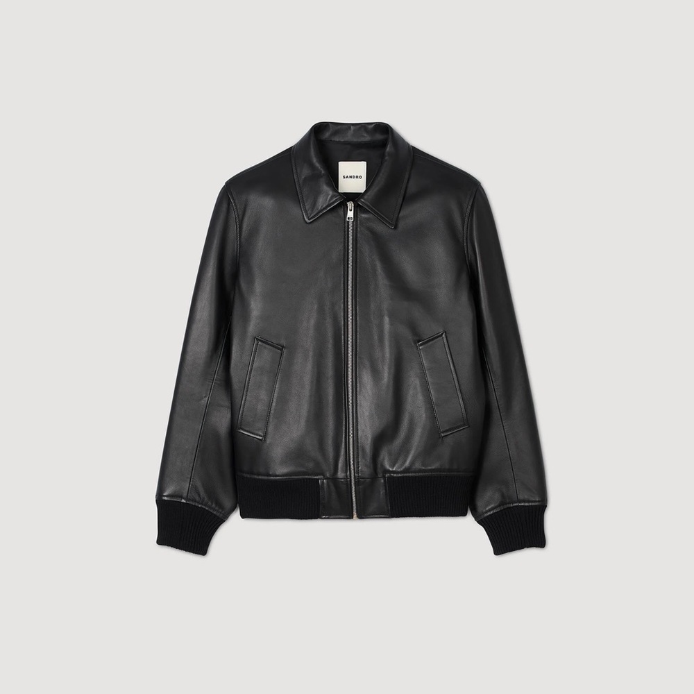 Sandro Black Leather Bomber Jacket